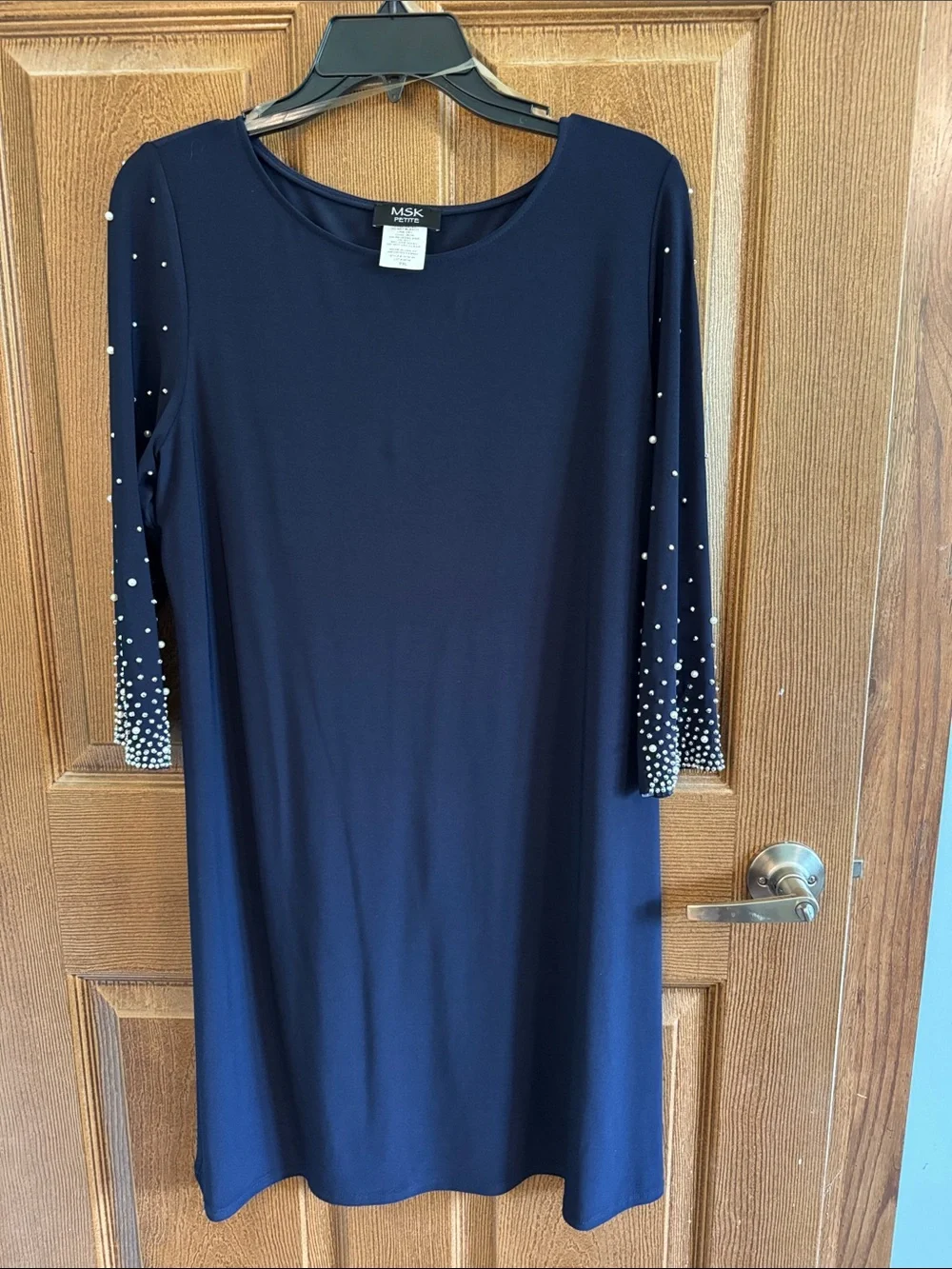 MSK Navy Long-Sleeve Dress with Pearl DotSparkle Sleeves NEW W/O TAGS/never worn - Picture 1 of 4
